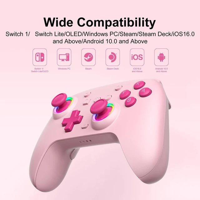 Alt view image 6 of 7 - SIMGAL Pink Wireless Controller for Switch Joy-Con/PC, Breathing LED | Wireless gamepad with 6-axis gyro/dual vibration/ergonomic, Switch Lite/OLED/Steam Deck/PC compatible, bluetooth/wired