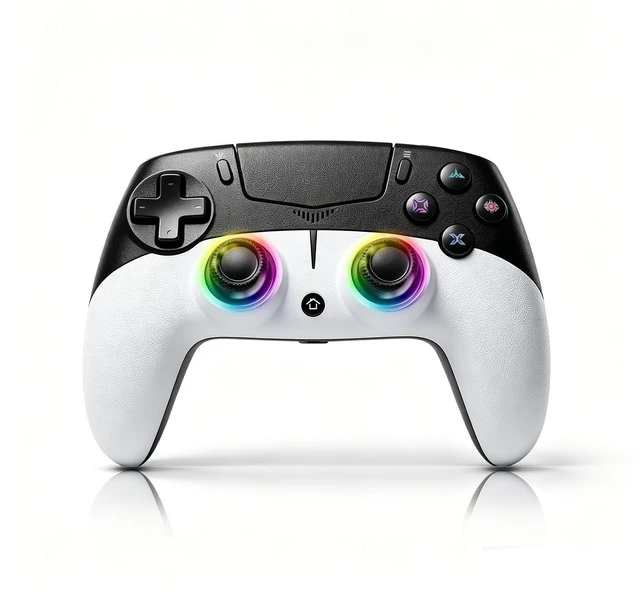 Main image of Geemaker Wireless Game Controller, Black & White. Compatible with PS5, PC, iOS, Mac, Android, Steam Deck. Dual Vibration, 6-Axis Motion Control, Turbo, 3.5mm Audio Jack, Esports Grade Performance