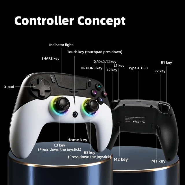 Alt view image 6 of 7 - Geemaker Wireless Game Controller, Black & White. Compatible with PS5, PC, iOS, Mac, Android, Steam Deck. Dual Vibration, 6-Axis Motion Control, Turbo, 3.5mm Audio Jack, Esports Grade Performance