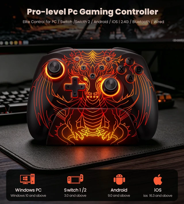 Alt view image 7 of 7 - Wireless Gaming Controller with Hall Joysticks & Triggers, Charging Dock Included. 1000Hz Polling Rate, 1000mAh Battery, RGB Lights, Programmable Keys, Turbo & Motion Control. Compatible with PC, Swit