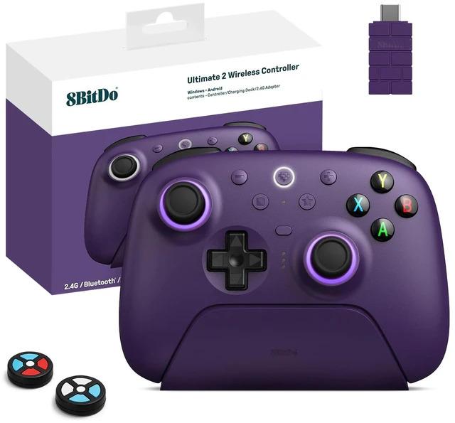 Main image of 8Bitdo Ultimate 2 Wireless 2.4G Controller (Purple) | For Windows PC, Apple, Steam & Android, TMR Joystick, Star-Ring RGB Lights, Adjustable Trigger Locks, Charging Dock Included