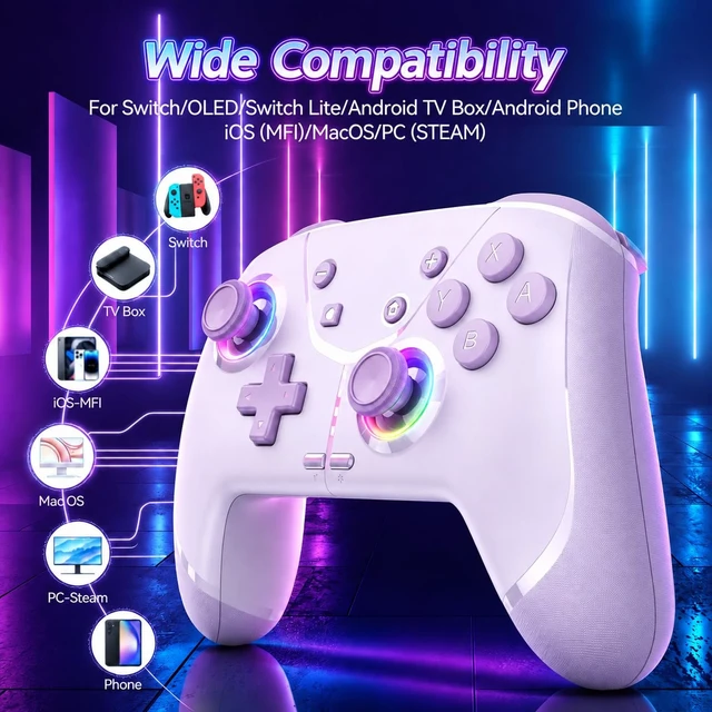Alt view image 2 of 7 - Wireless Pro Controller for Switch 2/Switch/Lite/OLED, Purple. Compatible with iPhone/Mac/iPad/iOS/Android/PC/Steam/TV. Programmable, RGB, Vibration, 3 Turbo Modes, 6-Axis Motion Control