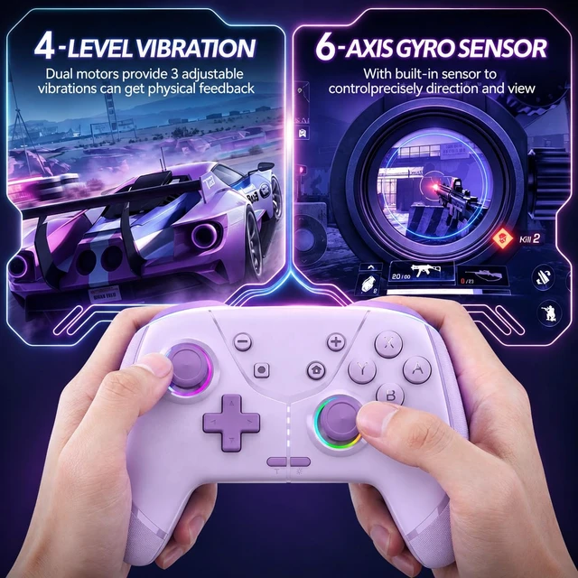 Alt view image 3 of 7 - Wireless Pro Controller for Switch 2/Switch/Lite/OLED, Purple. Compatible with iPhone/Mac/iPad/iOS/Android/PC/Steam/TV. Programmable, RGB, Vibration, 3 Turbo Modes, 6-Axis Motion Control