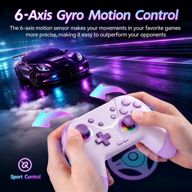 Alt view image 4 of 7 - Wireless Pro Controller for Switch 2/Switch/Lite/OLED, Purple. Compatible with iPhone/Mac/iPad/iOS/Android/PC/Steam/TV. Programmable, RGB, Vibration, 3 Turbo Modes, 6-Axis Motion Control
