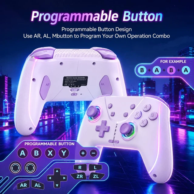 Alt view image 5 of 7 - Wireless Pro Controller for Switch 2/Switch/Lite/OLED, Purple. Compatible with iPhone/Mac/iPad/iOS/Android/PC/Steam/TV. Programmable, RGB, Vibration, 3 Turbo Modes, 6-Axis Motion Control