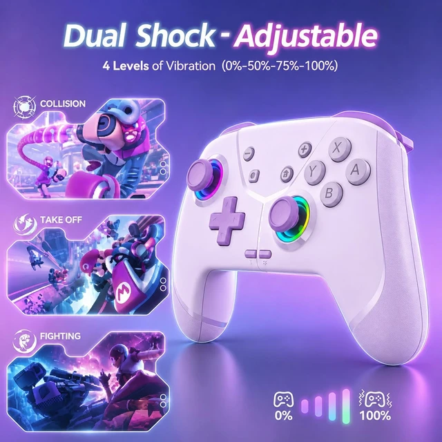 Alt view image 6 of 7 - Wireless Pro Controller for Switch 2/Switch/Lite/OLED, Purple. Compatible with iPhone/Mac/iPad/iOS/Android/PC/Steam/TV. Programmable, RGB, Vibration, 3 Turbo Modes, 6-Axis Motion Control