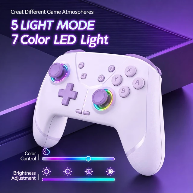 Alt view image 7 of 7 - Wireless Pro Controller for Switch 2/Switch/Lite/OLED, Purple. Compatible with iPhone/Mac/iPad/iOS/Android/PC/Steam/TV. Programmable, RGB, Vibration, 3 Turbo Modes, 6-Axis Motion Control