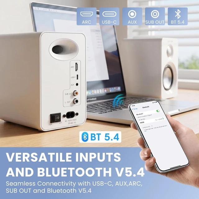 Alt view image 4 of 7 - BESTISAN Computer Speakers for Gaming, Powered Studio Monitor Speakers | Bluetooth 5.4 HDMI USB-C AUX Inputs for PC Desktop Ipad Turntable