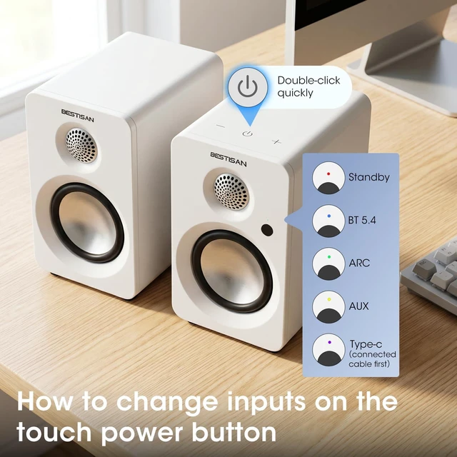 Alt view image 6 of 7 - BESTISAN Computer Speakers for Gaming, Powered Studio Monitor Speakers | Bluetooth 5.4 HDMI USB-C AUX Inputs for PC Desktop Ipad Turntable