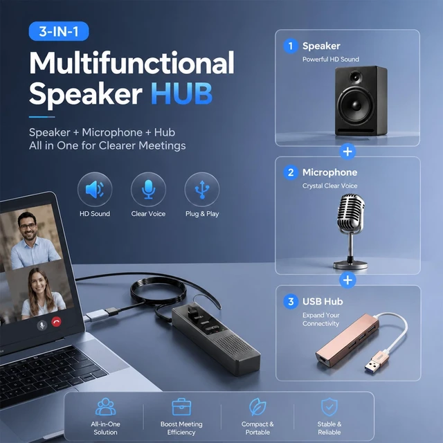 Alt view image 2 of 7 - AiooTisu Conference Speakerphone for PC & Laptop, Bluetooth Speakerphone with AI Noise Reduction, 360° Voice Pickup, USB-C Plug and Play, Compatible with Zoom, Microsoft Teams, Skype & Webex