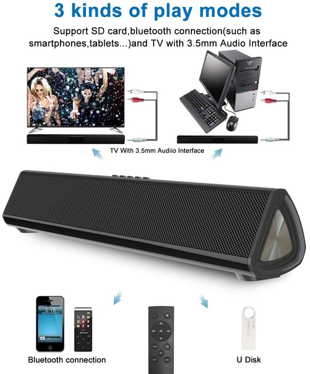 Alt view image 4 of 6 - Guppy Sound Bar 15.7 Inch Soundbar for Smart TV Speaker with USB/AUX Connectivity, PC Desktop Speaker, Stereo Wireless Computer Bar Speaker, Subwoofer, for TV/Desktop/Laptop (Black)