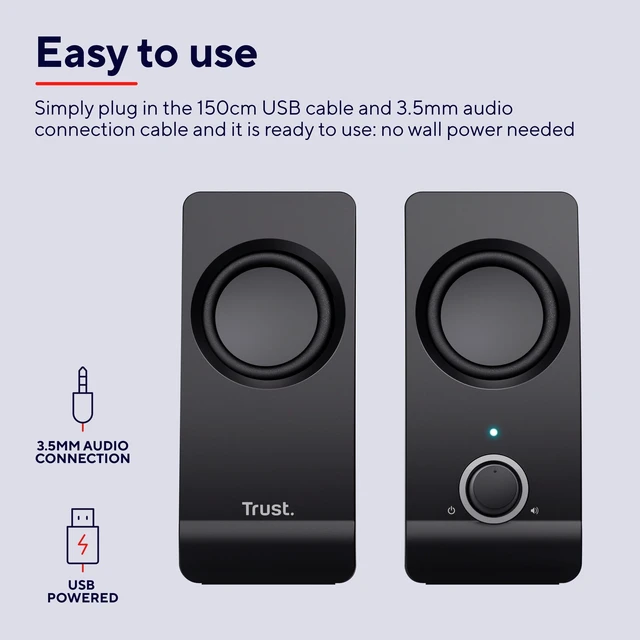 Alt view image 4 of 7 - Trust Remo 2.0 PC Speakers, 16W (8W RMS), USB Powered, Jack 3.5mm, Stereo Speaker Set with Volume Control, Compact Sound System for Computer and Laptop - Black