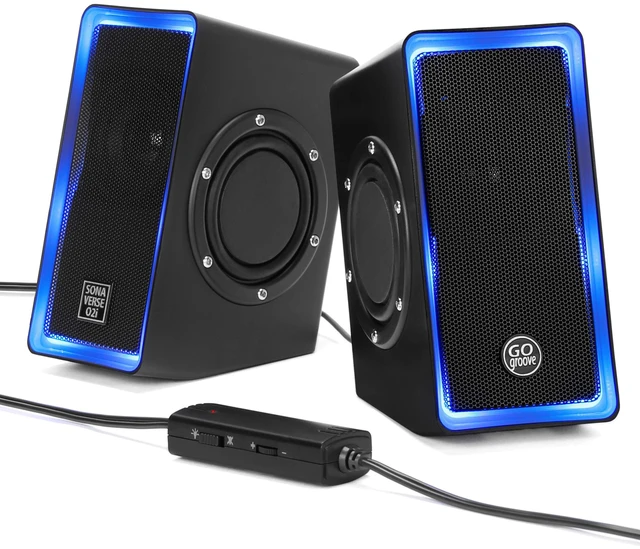 Main image of GOgroove Gaming Computer Speakers with Blue LED Light - SonaVERSE O2i Speakers for Desktop, Laptop, PC - USB Speaker 2.0 with AUX Input, in-Line Volume Control, Bass Stereo Sound, 14W (Black)