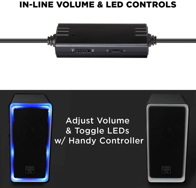 Alt view image 4 of 7 - GOgroove Gaming Computer Speakers with Blue LED Light - SonaVERSE O2i Speakers for Desktop, Laptop, PC - USB Speaker 2.0 with AUX Input, in-Line Volume Control, Bass Stereo Sound, 14W (Black)