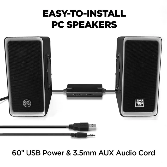 Alt view image 3 of 7 - GOgroove Gaming Computer Speakers with Blue LED Light - SonaVERSE O2i Speakers for Desktop, Laptop, PC - USB Speaker 2.0 with AUX Input, in-Line Volume Control, Bass Stereo Sound, 14W (Black)