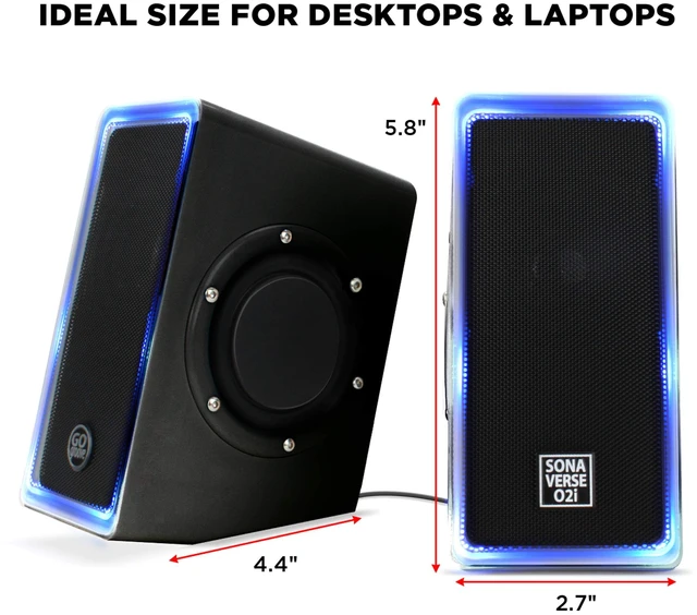 Alt view image 5 of 7 - GOgroove Gaming Computer Speakers with Blue LED Light - SonaVERSE O2i Speakers for Desktop, Laptop, PC - USB Speaker 2.0 with AUX Input, in-Line Volume Control, Bass Stereo Sound, 14W (Black)
