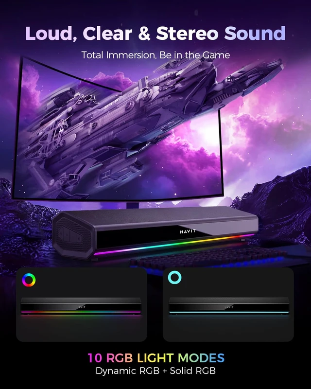 Alt view image 5 of 7 - havit Computer Speakers for Desktop PC, Bluetooth 5.3 Pc Soundbar with Dynamic LED Light, HiFi Stereo, Poratble Bluetooth Speaker, Gaming Speakers for PC, Laptop,Tablet