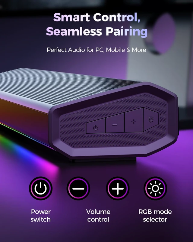 Alt view image 7 of 7 - havit Computer Speakers for Desktop PC, Bluetooth 5.3 Pc Soundbar with Dynamic LED Light, HiFi Stereo, Poratble Bluetooth Speaker, Gaming Speakers for PC, Laptop,Tablet