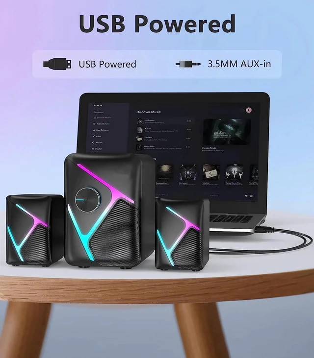 Alt view image 4 of 6 - CORN 2.1 Gaming Speakers with RGB Gradient Light, PC Speakers with Dynamic Sound, USB Powered & 3.5mm Aux, Desktop Computer Speakers with Volume Control, Compatible with PC, Laptop, PS4, TV, Phone