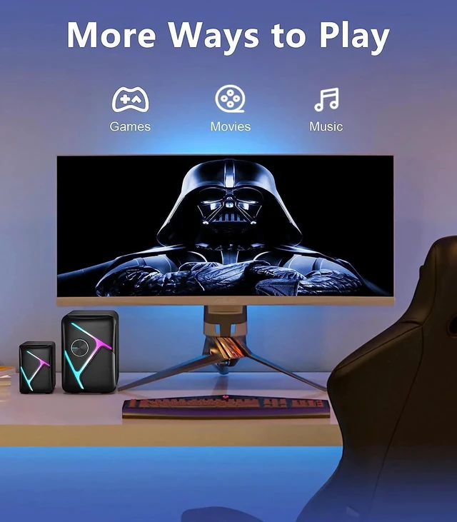 Alt view image 6 of 6 - CORN 2.1 Gaming Speakers with RGB Gradient Light, PC Speakers with Dynamic Sound, USB Powered & 3.5mm Aux, Desktop Computer Speakers with Volume Control, Compatible with PC, Laptop, PS4, TV, Phone