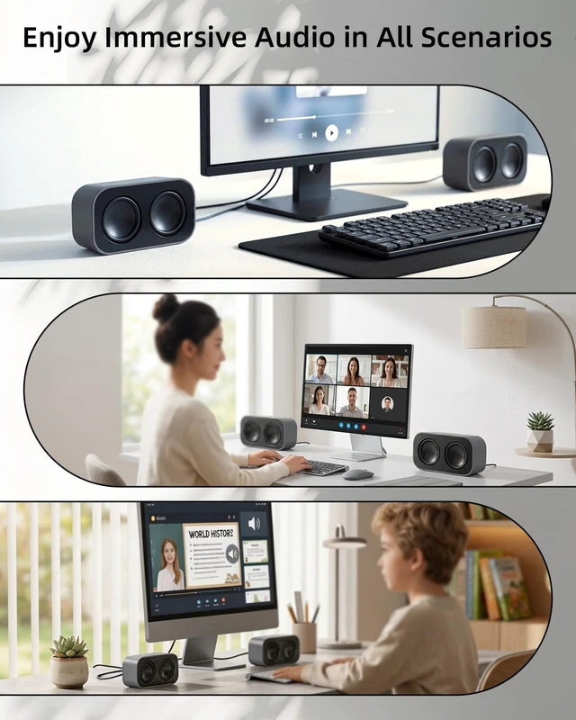 Alt view image 4 of 7 - GELRHONR Computer Speakers for Desktop PC, 2×3W Small Stereo Speakers,USB Powered with 3.5mm Aux and Volume Control,Plug and Play for Laptop,Tablet 1.2M,Grey