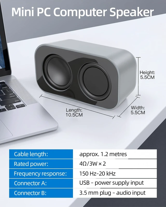Alt view image 5 of 7 - GELRHONR Computer Speakers for Desktop PC, 2×3W Small Stereo Speakers,USB Powered with 3.5mm Aux and Volume Control,Plug and Play for Laptop,Tablet 1.2M,Grey