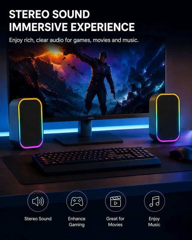 Alt view image 2 of 6 - TONE JOY N-536 Computer Speakers, USB & 3.5mm AUX Input, RGB Light, Black | Plug-and-play, 2.0 Stereo sound ,RGB lighting, Compact size