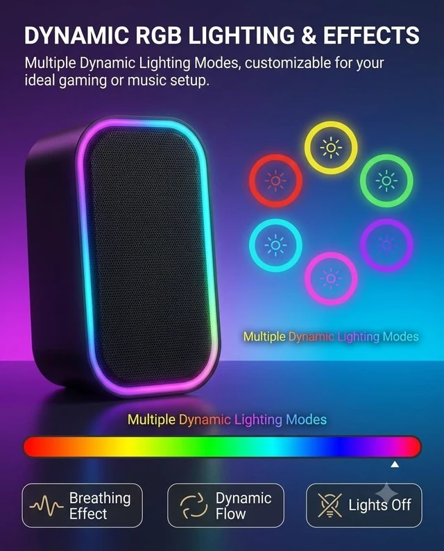 Alt view image 3 of 6 - TONE JOY N-536 Computer Speakers, USB & 3.5mm AUX Input, RGB Light, Black | Plug-and-play, 2.0 Stereo sound ,RGB lighting, Compact size