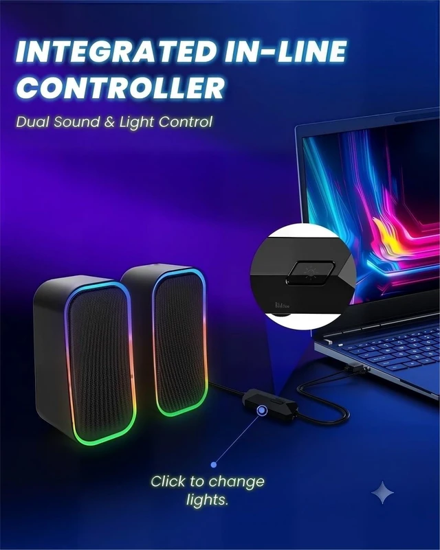 Alt view image 4 of 6 - TONE JOY N-536 Computer Speakers, USB & 3.5mm AUX Input, RGB Light, Black | Plug-and-play, 2.0 Stereo sound ,RGB lighting, Compact size