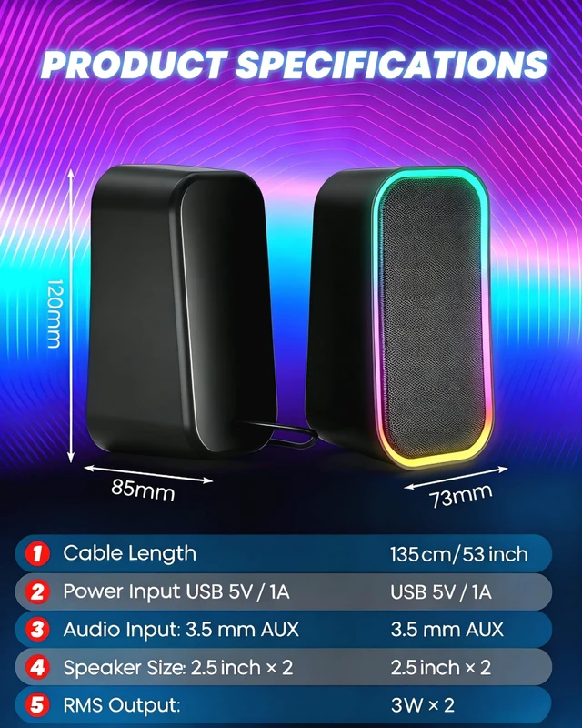 Alt view image 6 of 6 - TONE JOY N-536 Computer Speakers, USB & 3.5mm AUX Input, RGB Light, Black | Plug-and-play, 2.0 Stereo sound ,RGB lighting, Compact size