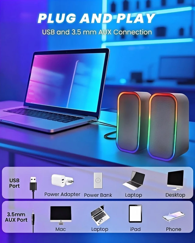 Alt view image 5 of 6 - TONE JOY N-536 Computer Speakers, USB & 3.5mm AUX Input, RGB Light, Black | Plug-and-play, 2.0 Stereo sound ,RGB lighting, Compact size