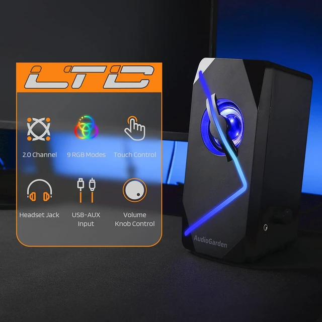 Alt view image 3 of 7 - LTC AudioGarden AG-201 Computer Speakers, 2.0 Channel Wired RGB Desktop Gaming Speakers with Touch-Control 9 Colorful LED Backlit Modes, Enhanced Stereo Bass and Volume Knob, USB Powered/3.5mm Cable