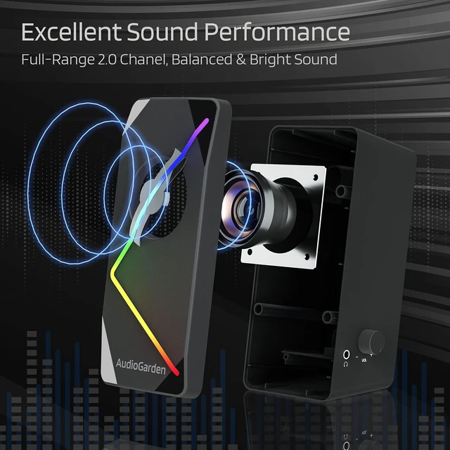Alt view image 4 of 7 - LTC AudioGarden AG-201 Computer Speakers, 2.0 Channel Wired RGB Desktop Gaming Speakers with Touch-Control 9 Colorful LED Backlit Modes, Enhanced Stereo Bass and Volume Knob, USB Powered/3.5mm Cable