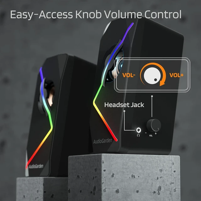 Alt view image 6 of 7 - LTC AudioGarden AG-201 Computer Speakers, 2.0 Channel Wired RGB Desktop Gaming Speakers with Touch-Control 9 Colorful LED Backlit Modes, Enhanced Stereo Bass and Volume Knob, USB Powered/3.5mm Cable