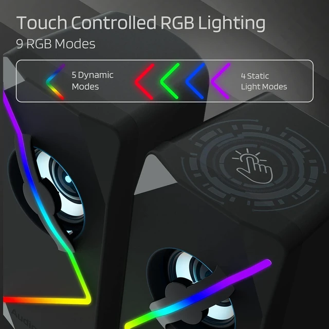 Alt view image 5 of 7 - LTC AudioGarden AG-201 Computer Speakers, 2.0 Channel Wired RGB Desktop Gaming Speakers with Touch-Control 9 Colorful LED Backlit Modes, Enhanced Stereo Bass and Volume Knob, USB Powered/3.5mm Cable