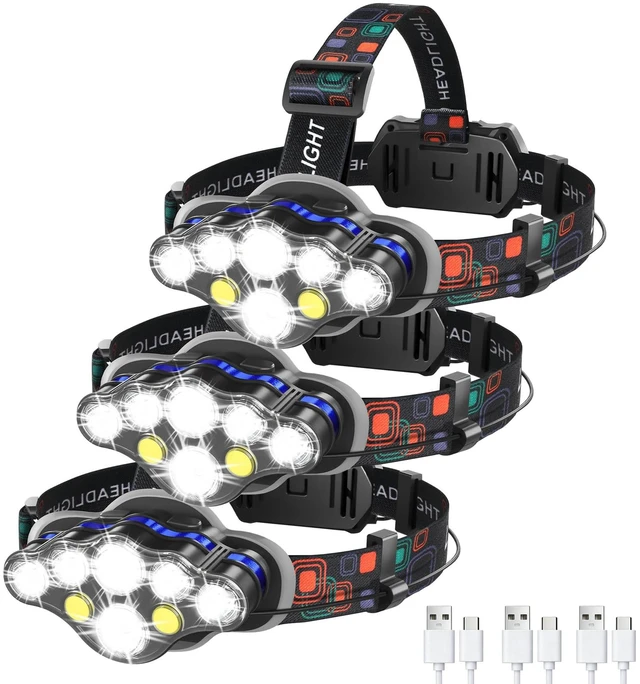 Main image of MIOISY Led Headlamp Rechargeable 3 Pack, Super Bright Headlight Flashlight | 8 Modes Head Lights for Forehead with White Red Light, IPX4 Waterproof Head Lamp for Outdoor Running Hiking Fishing, Black