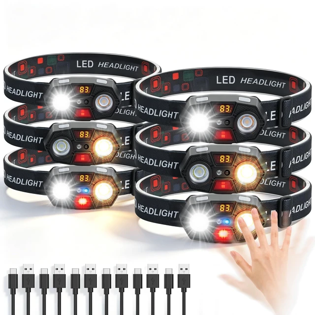 Main image of Headlamp Rechargeable 6Pack, 4000Lumen Ultra-Light Bright LED Rechargeable Headlight with White Yellow Red Light, 5 Modes, Waterproof Motion Sensor Head Lamp for Outdoor Camping Running Hiking Fishing