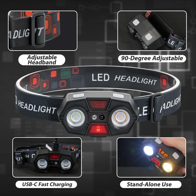 Alt view image 4 of 7 - Headlamp Rechargeable 6Pack, 4000Lumen Ultra-Light Bright LED Rechargeable Headlight with White Yellow Red Light, 5 Modes, Waterproof Motion Sensor Head Lamp for Outdoor Camping Running Hiking Fishing