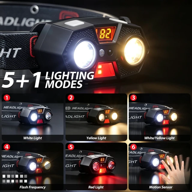 Alt view image 2 of 7 - Headlamp Rechargeable 6Pack, 4000Lumen Ultra-Light Bright LED Rechargeable Headlight with White Yellow Red Light, 5 Modes, Waterproof Motion Sensor Head Lamp for Outdoor Camping Running Hiking Fishing