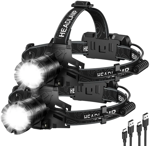 Main image of Kmivo 2-Pack Rechargeable LED Headlamps - 99,000 High Lumens Super Bright Head Light with 3 Modes, 90° Adjustable Tilt, IPX6 Waterproof for Camping, Hiking, Running & Outdoors