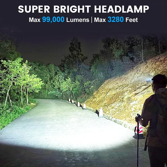 Alt view image 2 of 7 - Kmivo 2-Pack Rechargeable LED Headlamps - 99,000 High Lumens Super Bright Head Light with 3 Modes, 90° Adjustable Tilt, IPX6 Waterproof for Camping, Hiking, Running & Outdoors