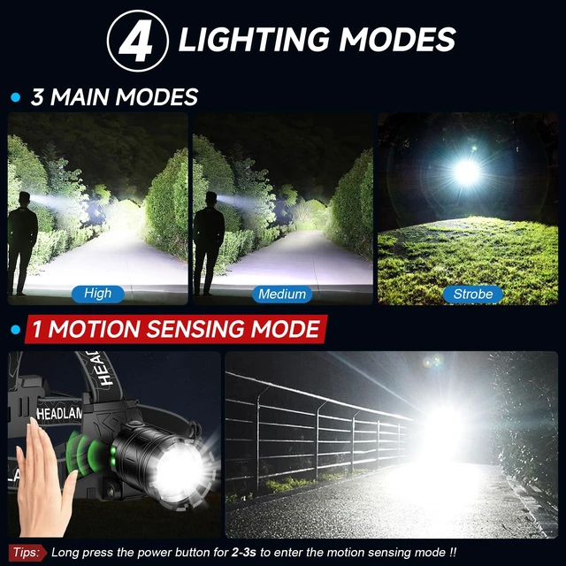 Alt view image 4 of 7 - Kmivo 2-Pack Rechargeable LED Headlamps - 99,000 High Lumens Super Bright Head Light with 3 Modes, 90° Adjustable Tilt, IPX6 Waterproof for Camping, Hiking, Running & Outdoors