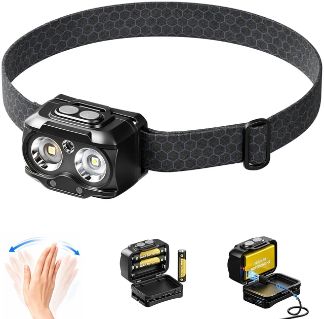 Main image of Hopedone H2 Dual Power Work Headlamp Flashlight, Motion Sensor,Red Light | Dual power with a built in 1100mAh rechargeable battery or 3 AAA batteries for hands free lighting during repairs and reading
