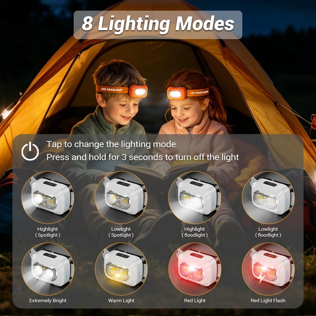 Alt view image 3 of 7 - LED Headlamp Rechargeable Ultralight Hands-Free Headlight, Orange | High Lumen, White/Warm/Red Light, USB-C harging & Power Indicator, Motion Sensor, Long Runtime, 8 Modes for Outdoor Camping