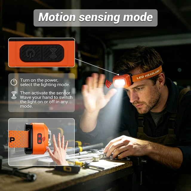 Alt view image 4 of 7 - LED Headlamp Rechargeable Ultralight Hands-Free Headlight, Orange | High Lumen, White/Warm/Red Light, USB-C harging & Power Indicator, Motion Sensor, Long Runtime, 8 Modes for Outdoor Camping