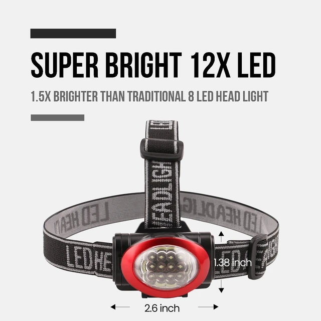 Alt view image 2 of 6 - Lichamp Headlamp, 10 Pack 12 LED 3 Mode Portable Head Lamp Flashlight, Outdoor Lightweight Durable Headlight for Running, Camping, Reading, Fishing, Hunting, Walking, Jogging, Black + Red Color