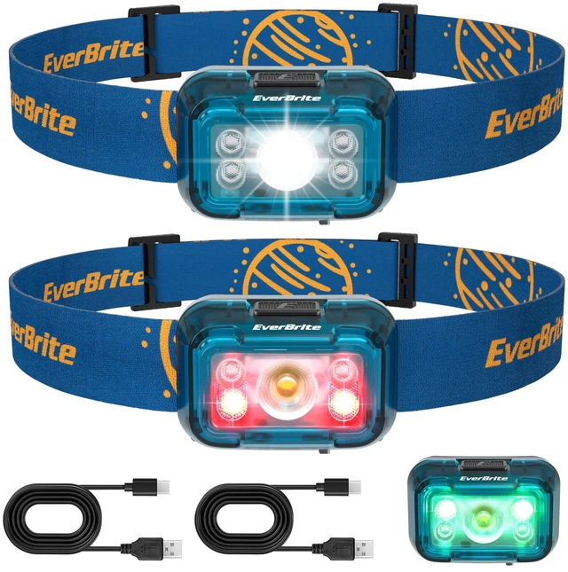 Main image of EverBrite Rechargeable Headlamp, 2 Pack Head Lamp for Kids & Adults | White Red Green Light, 350 Lumen, Memory Function, 120° Tiltable, IP54 Waterproof, Lightweight for Camping, Emergency Use