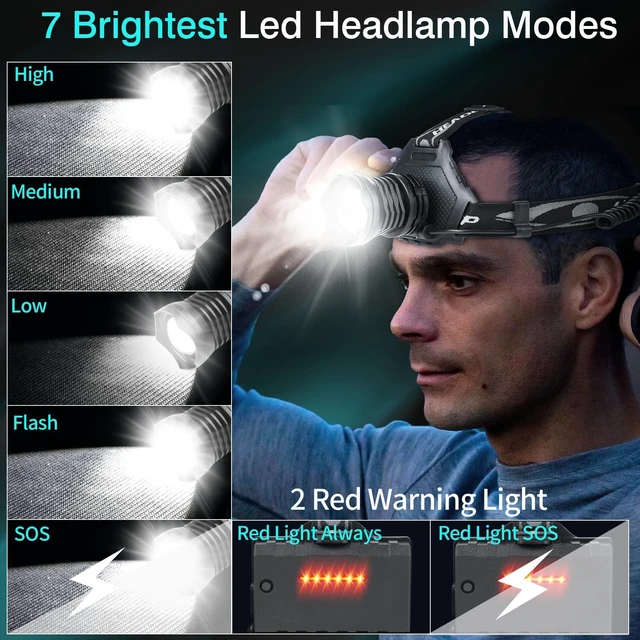 Alt view image 5 of 7 - LED Rechargeable Super Bright Headlamp, 99000 High Lumens Head lamp | Headlamps with 7 Modes, Batteries Included, Zoomable, Waterproof Headlight for Camping Hunting Running Fishing Biking