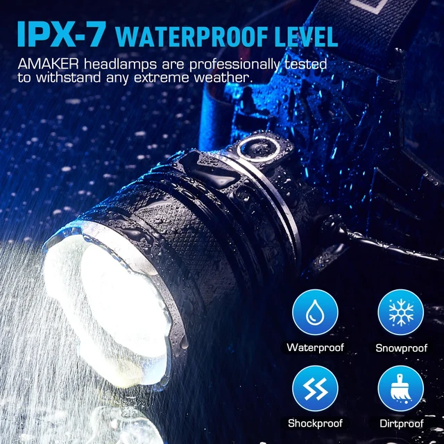 Alt view image 7 of 7 - AMAKER LED Headlamp Rechargeable 99000 High Lux, Head Lamp with 12 Modes, IPX7 Waterproof USB Rechargeable Headlight, Zoomable Headlamp for Adults, 90° Adjustable for Camping Hunting