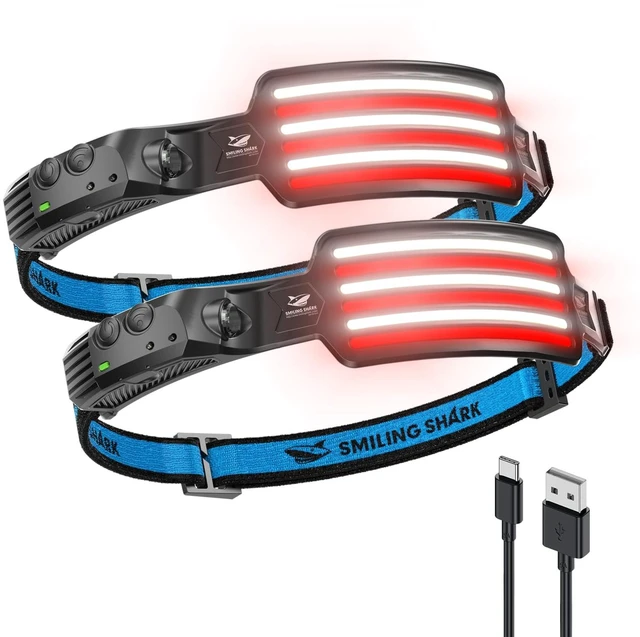 Main image of Smiling Shark TD-0123F Headlamp Red&White Light LED Headlight Super Bright | Rechargeable Head Lamp Motion Sensor with Red Light Mode Floodlight & Spotlight Lightweight for Fishing Camping (2 PACK)